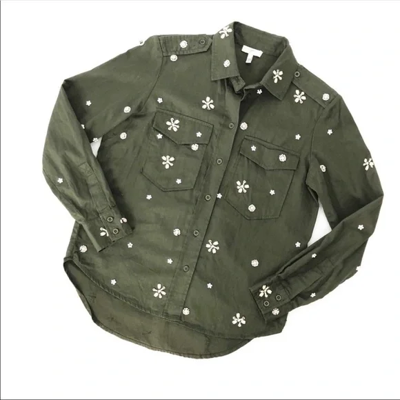 Joie bead embellished military olive green Hayfa shirt button down top XS - Picture 2 of 12